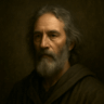 A moody, Renaissance-style portrait of an elderly man with a beard wearing a brown cloak.